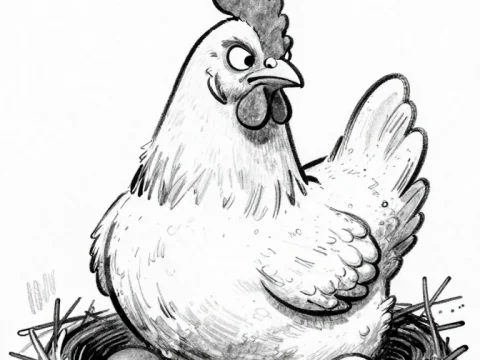 Cartoon Hen Guarding Eggs in Nest