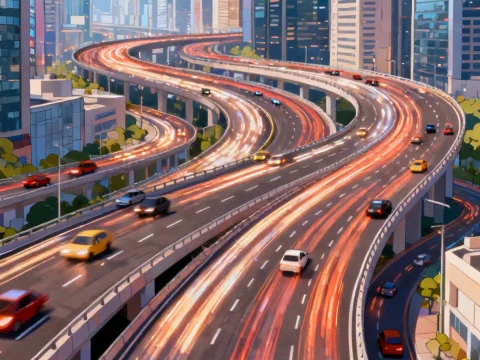 Cartoon Highway Through a Bustling Metropolis