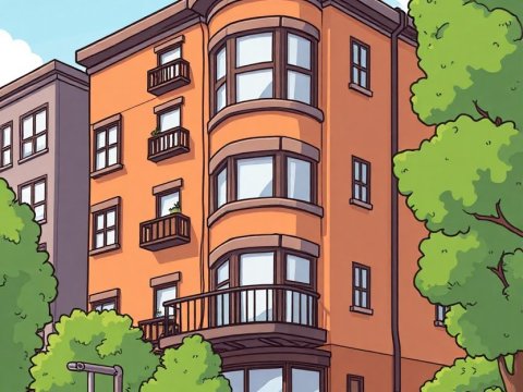 Cartoon Illustration of a Cozy Urban Apartment Building