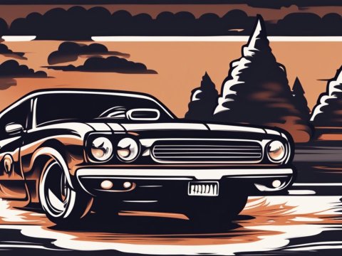 Cartoon Illustration of Oldschool Car Drifting at Sunset