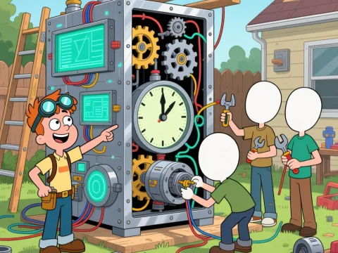 Cartoon Kids Building a Time Machine in Backyard