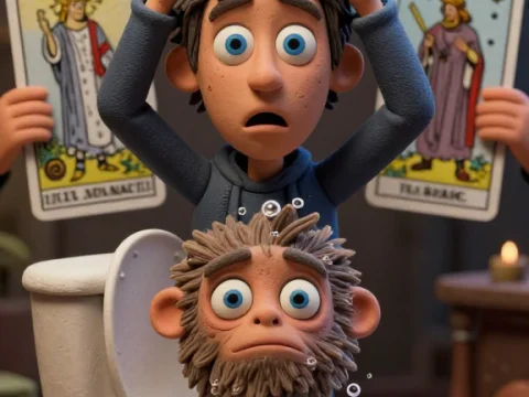 Cartoon Man Holding Tarot Cards with Surprised Expression