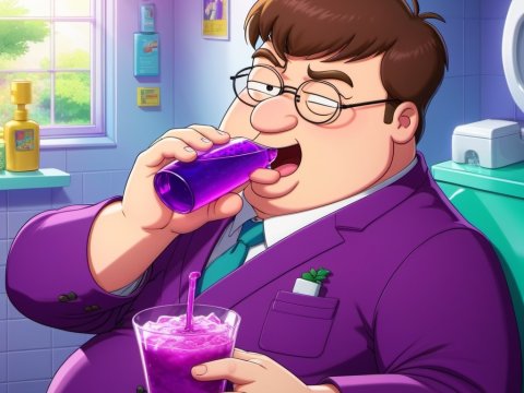Cartoon Man in Purple Suit Drinking Purple Beverage