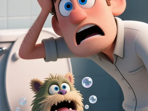 Cartoon Man Shocked by Fluffy Creature in Toilet