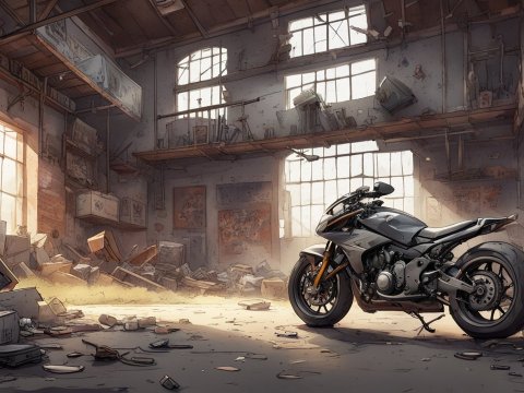 Cartoon Motorcycle in Abandoned Warehouse