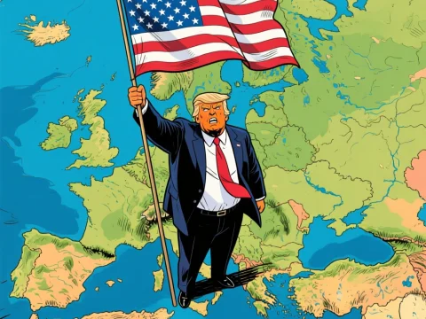 Cartoon of a Man Holding American Flag Over Europe Map
