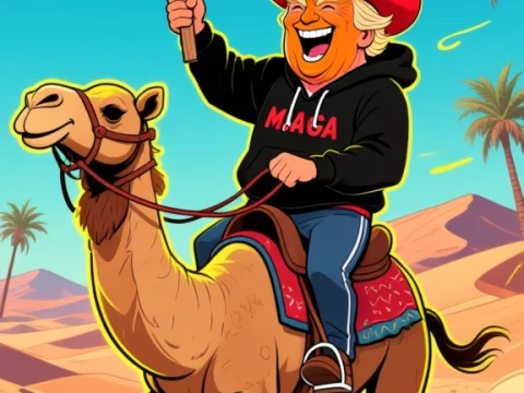Cartoon of a Man in MAGA Hat Riding a Camel Holding a Sign