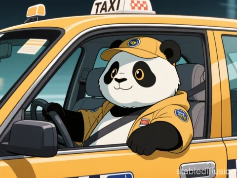 Cartoon Panda Driving a Yellow Taxi