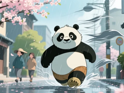 Cartoon Panda Splashing in Rainy Cherry Blossom Street