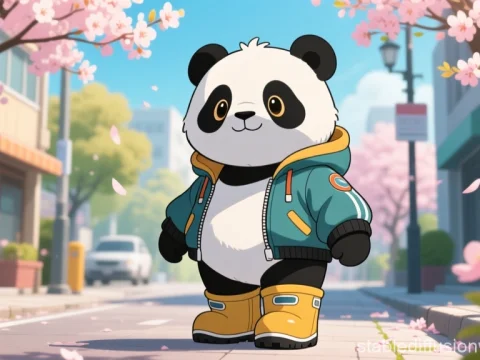Cartoon Panda Walking in Spring Urban Street