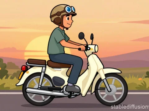Cartoon Rider on Vintage Motorcycle at Sunset
