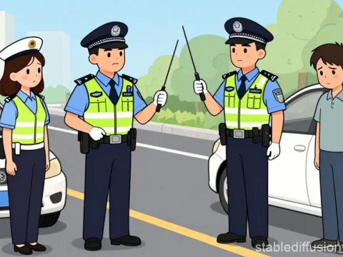 Cartoon Roadside Traffic Stop with Police Officers and Driver
