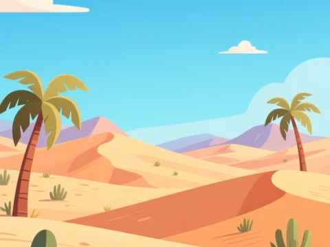 Cartoon Sandy Desert Landscape with Palm Trees