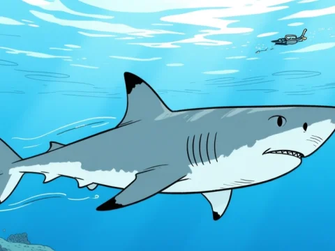 Cartoon Shark Gliding Underwater with Diver