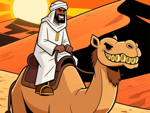 Cartoon Sheikh Riding a Grinning Camel in Desert