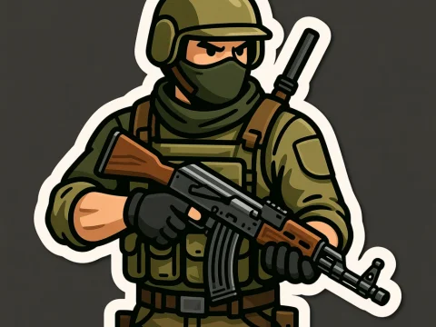 Cartoon Soldier Holding Rifle in Tactical Gear