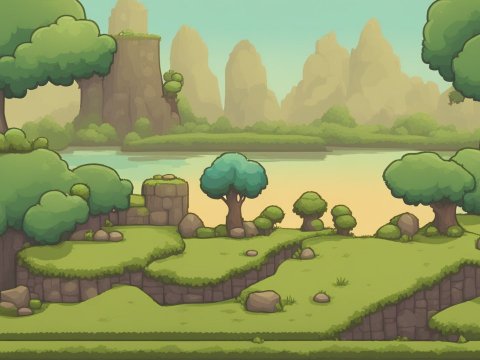 Cartoon Style 2D Landscape Tileset with Trees and Cliffs