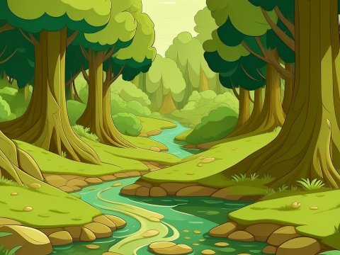 Cartoon Style Forest with Flowing Stream