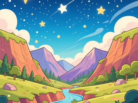 Cartoon Valley Under a Starry Sky
