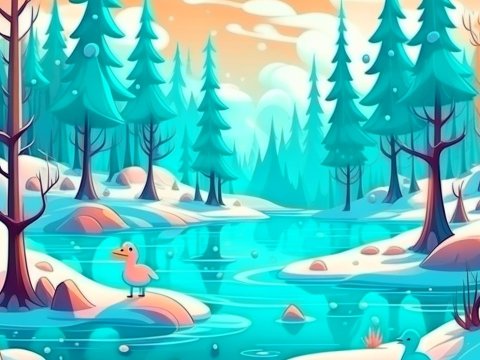 Cartoon Winter Forest with River and Ducks