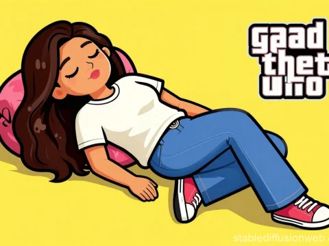 Cartoon Woman Sleeping on Yellow Background