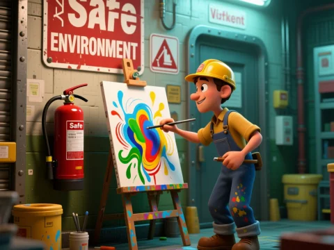 Cartoon Worker Painting Colorful Art in Safe Environment