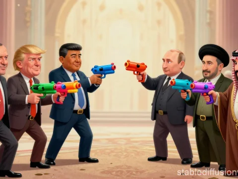 Cartoon World Leaders Facing Off with Toy Guns