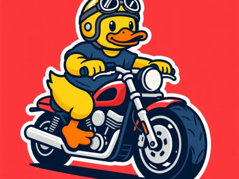 Cartoon Yellow Duck Riding a Motorcycle Mascot