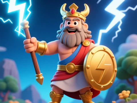 Cartoon Zeus Holding Lightning Bolt and Shield
