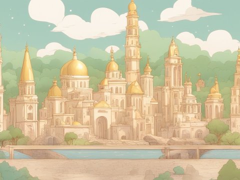 Cartoonish Cityscape with Golden Domes and Towers