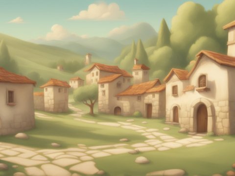 Cartoonish Village Landscape with Stone Houses and Red Roofs
