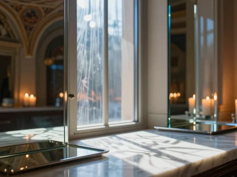 Cascading Light Patterns on Marble Surface in Elegant Interior