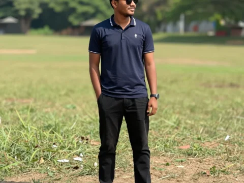 Casual Young Man Standing Outdoors in Sunny Field