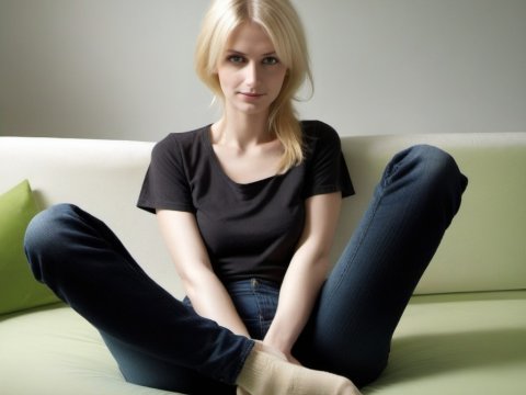 Casual Young Woman Sitting on Sofa in Relaxed Pose