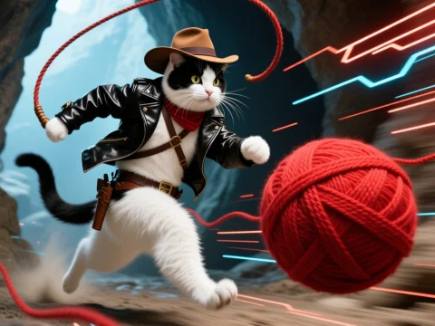 Cat Adventurer Chasing Giant Yarn Ball in Cave