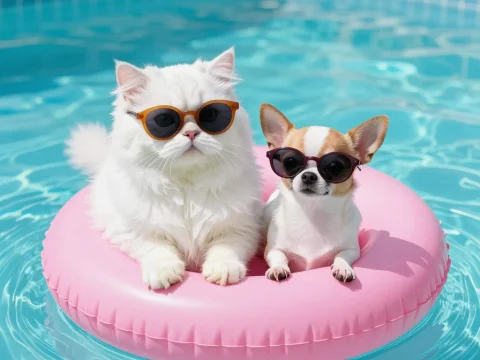 Cat and Chihuahua Relaxing on Pink Float in Pool