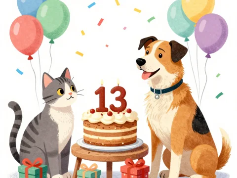 Cat and Dog Celebrating 13th Birthday with Cake and Balloons
