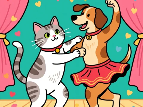 Cat and Dog Dancing Together on Stage