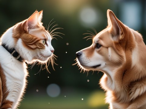 Cat and Dog Face to Face in Soft Sunlight