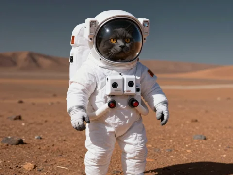 Cat Astronaut Exploring Mars Surface