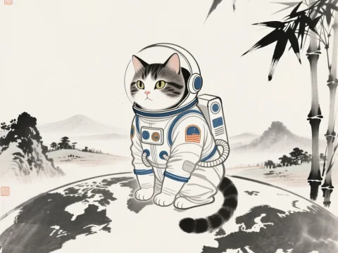 Cat Astronaut in Traditional Ink Landscape