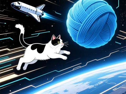 Cat Chasing Yarn Ball in Space with Shuttle