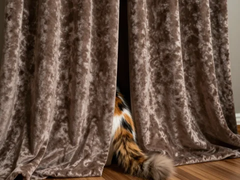 Cat Hiding Behind Velvet Curtain with Fluffy Tail Visible