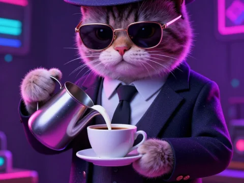 Cat Mafia Boss Pouring Coffee in Stylish Suit