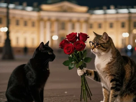 Cat Offering Red Roses in a Romantic Night Scene