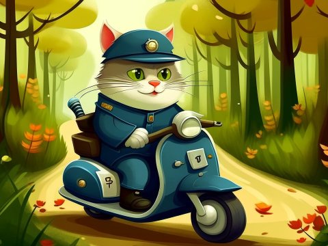 Cat Policeman Riding a Blue Scooter in a Forest