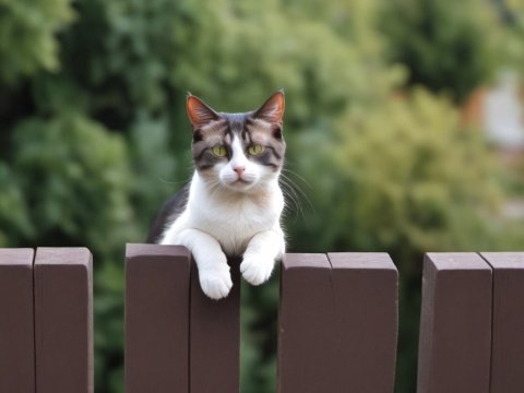 Cat Relaxing on Wooden Fence with Greenery Background