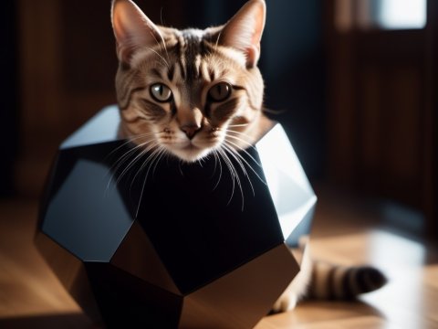 Cat Resting Inside a Geometric Black Polygon Object