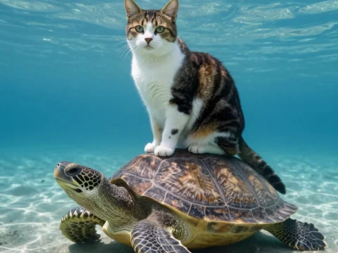 Cat Riding on a Sea Turtle Underwater