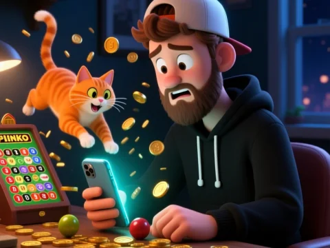 Cat Saves Plinko Jackpot in Animated Scene
